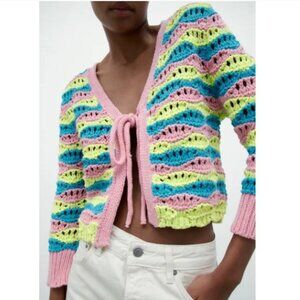 ZARA Crop Cardigan Sweater Crochet with multi colored (Size: S)
